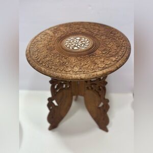 Hand carved Anglo Indian wooden folding side table inlay design round 12”